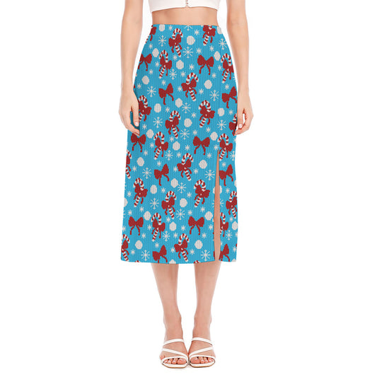 Christmas Party Knitted Pattern Print Side Slit Midi Skirt