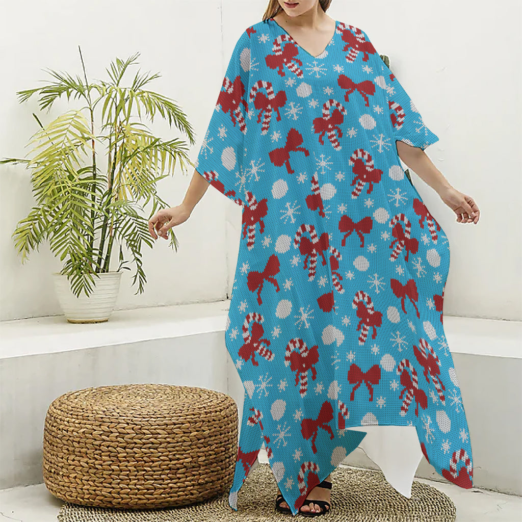 Christmas Party Knitted Pattern Print Silk V-Neck Kaftan Dress
