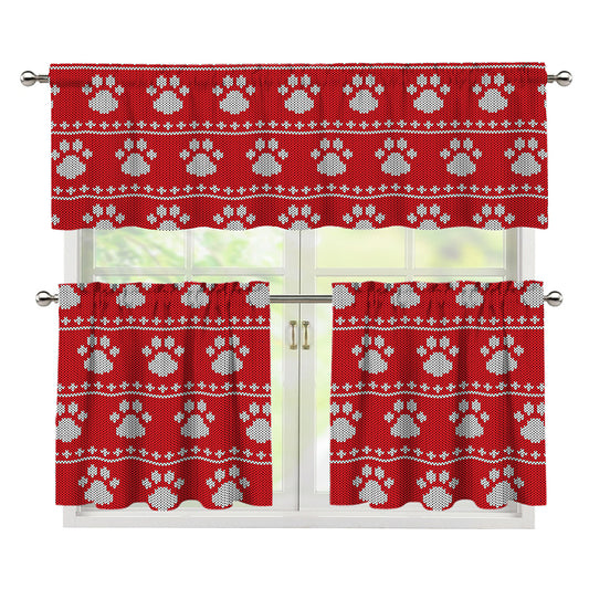 Christmas Paw Knitted Pattern Print 3 Piece Kitchen Curtains
