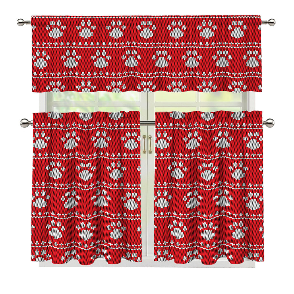 Christmas Paw Knitted Pattern Print 3 Piece Kitchen Curtains