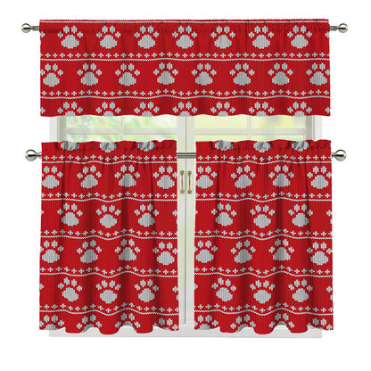 Christmas Paw Knitted Pattern Print 3 Piece Kitchen Curtains