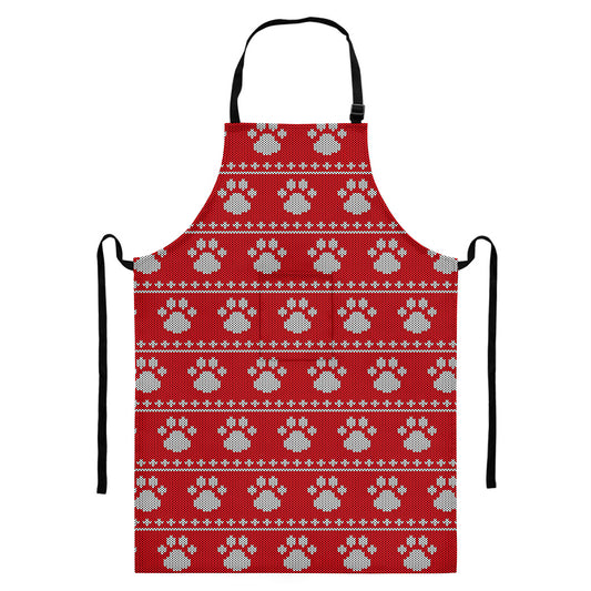Christmas Paw Knitted Pattern Print Bib Apron With Pocket