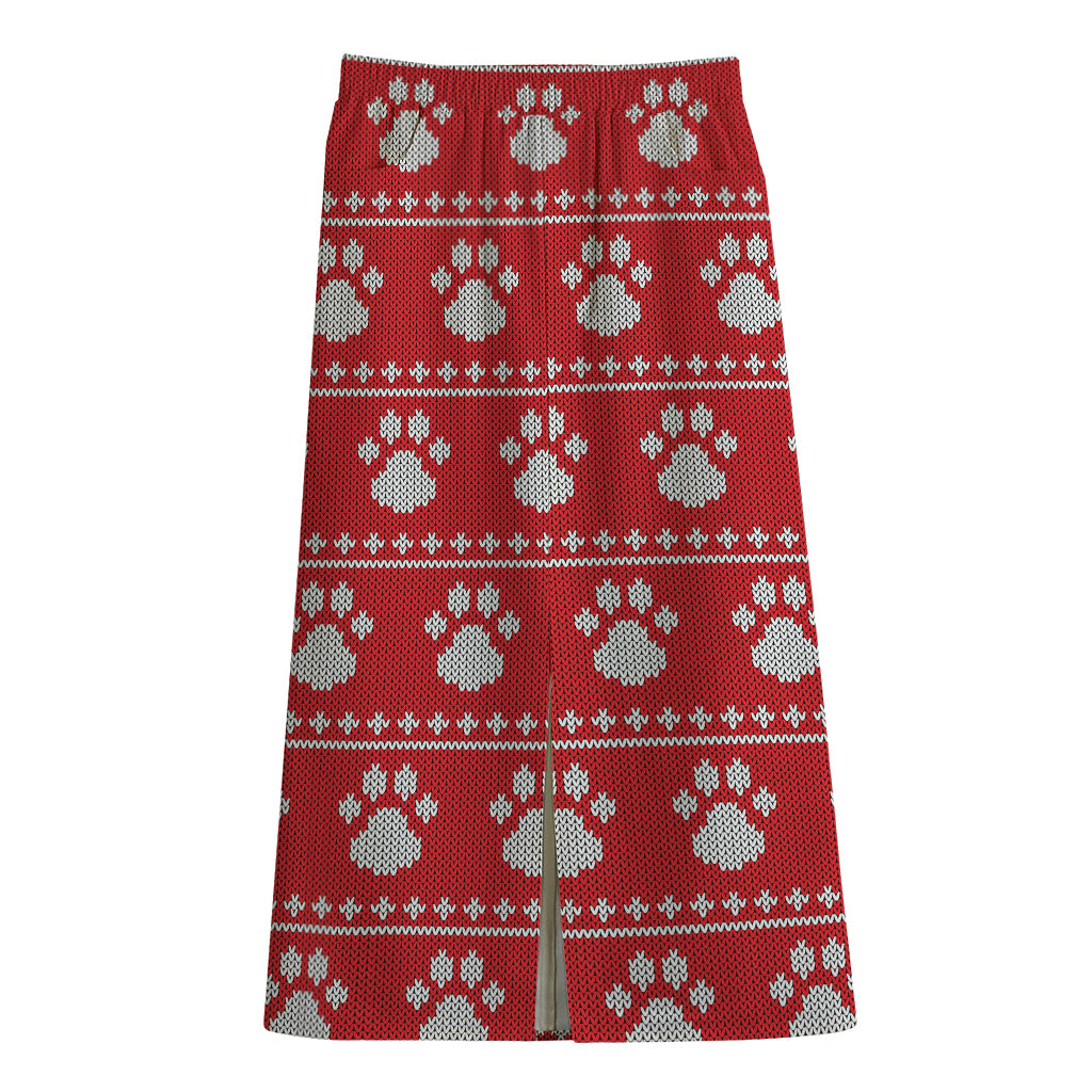 Christmas Paw Knitted Pattern Print Cotton Front Slit Maxi Skirt