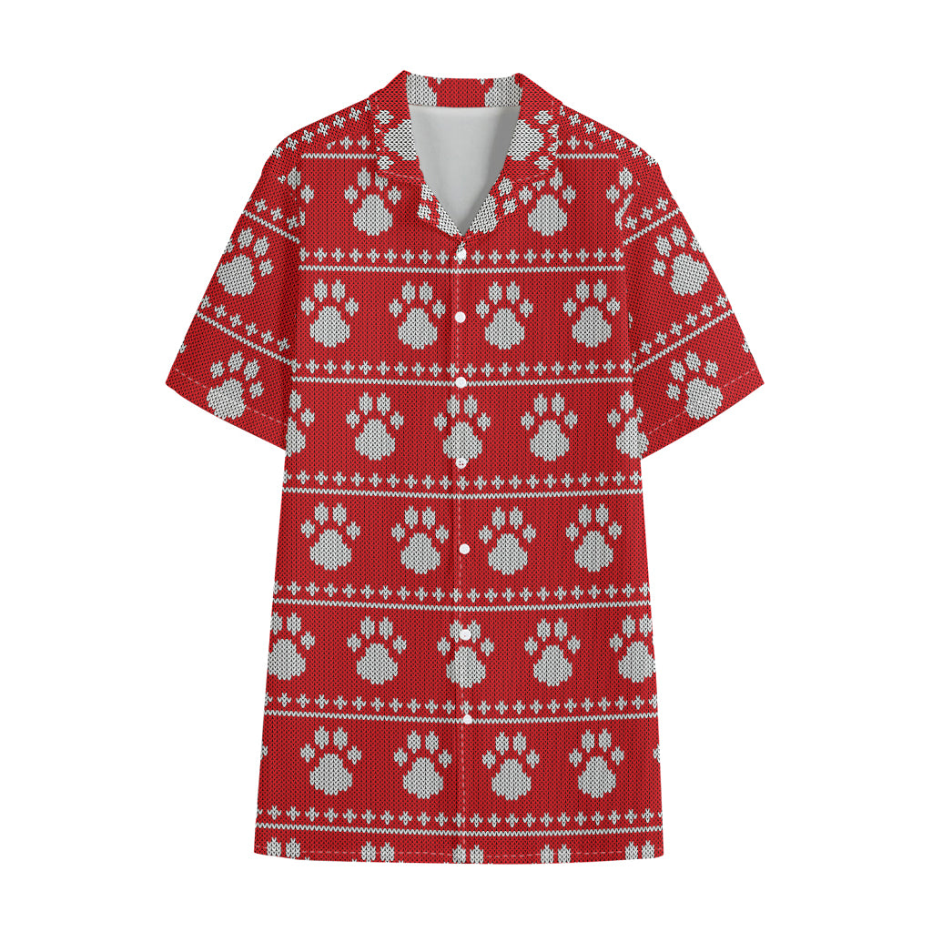 Christmas Paw Knitted Pattern Print Cotton Hawaiian Shirt