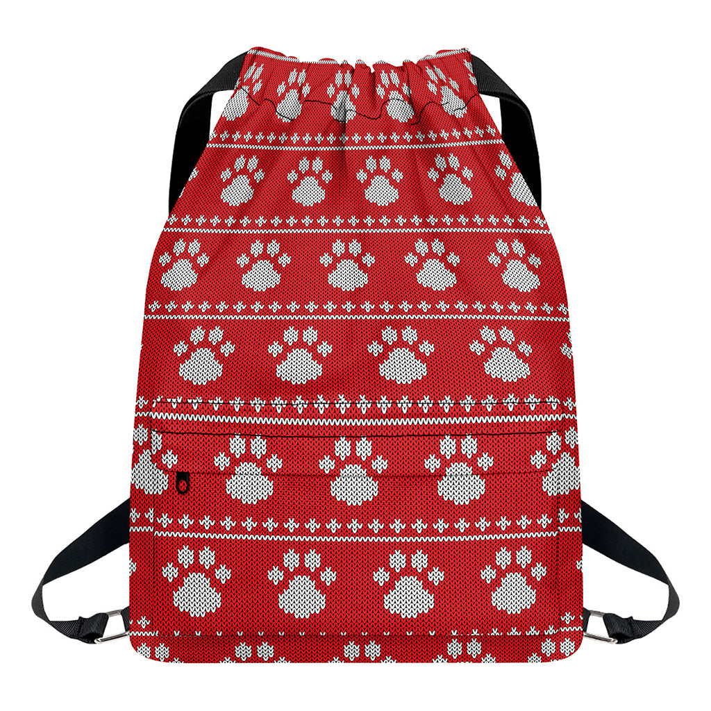 Christmas Paw Knitted Pattern Print Drawstring Backpack