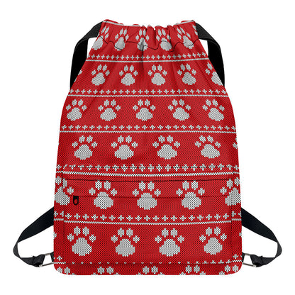 Christmas Paw Knitted Pattern Print Drawstring Backpack