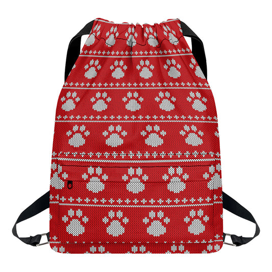 Christmas Paw Knitted Pattern Print Drawstring Backpack