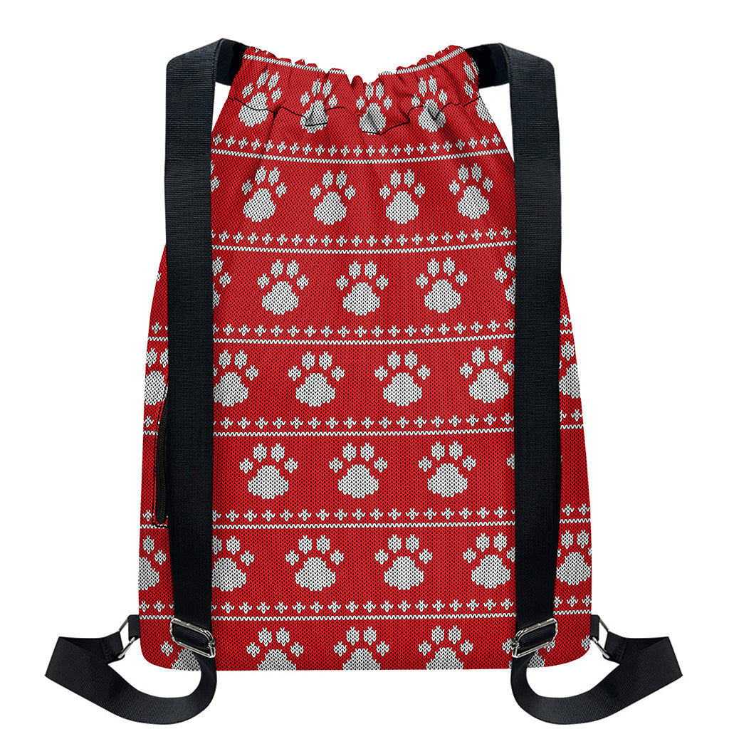 Christmas Paw Knitted Pattern Print Drawstring Backpack