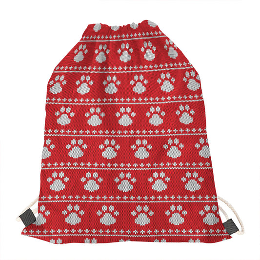 Christmas Paw Knitted Pattern Print Drawstring Bag