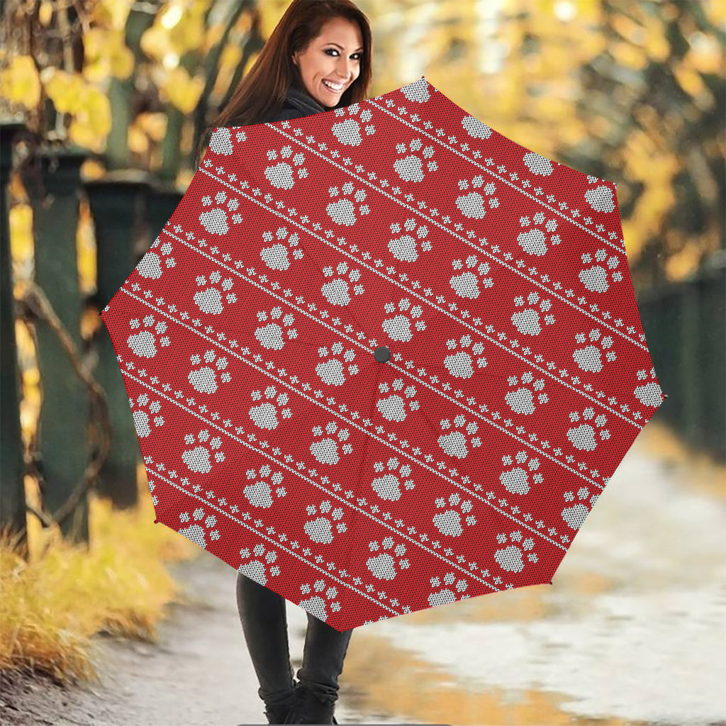 Christmas Paw Knitted Pattern Print Foldable Umbrella