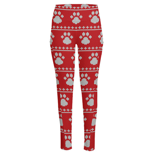 Christmas Paw Knitted Pattern Print High-Waisted Pocket Leggings