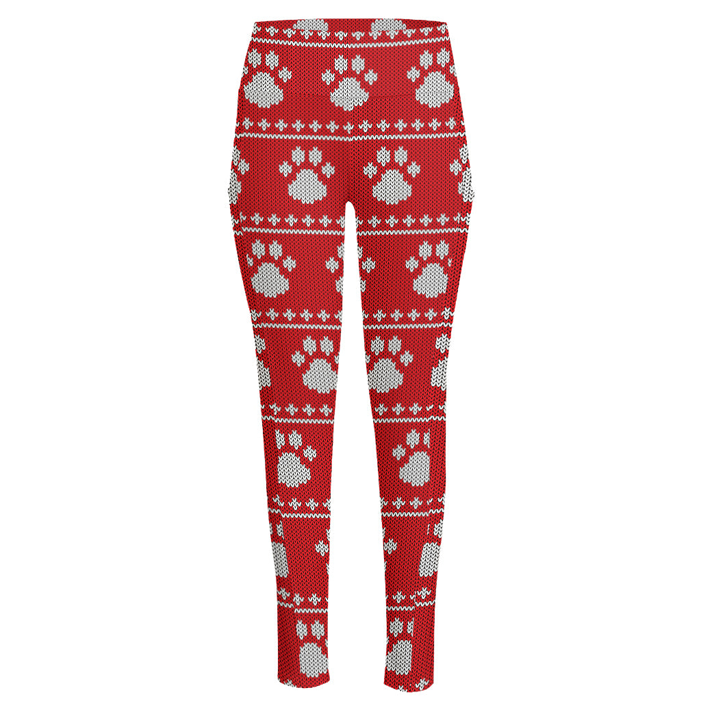 Christmas Paw Knitted Pattern Print High-Waisted Pocket Leggings