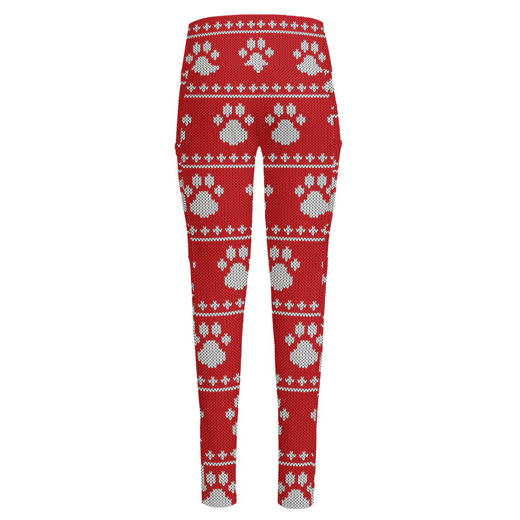 Christmas Paw Knitted Pattern Print High-Waisted Pocket Leggings