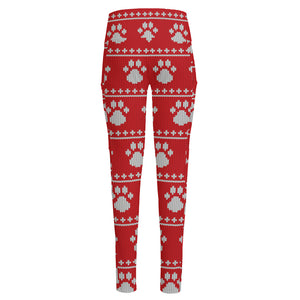 Christmas Paw Knitted Pattern Print High-Waisted Pocket Leggings