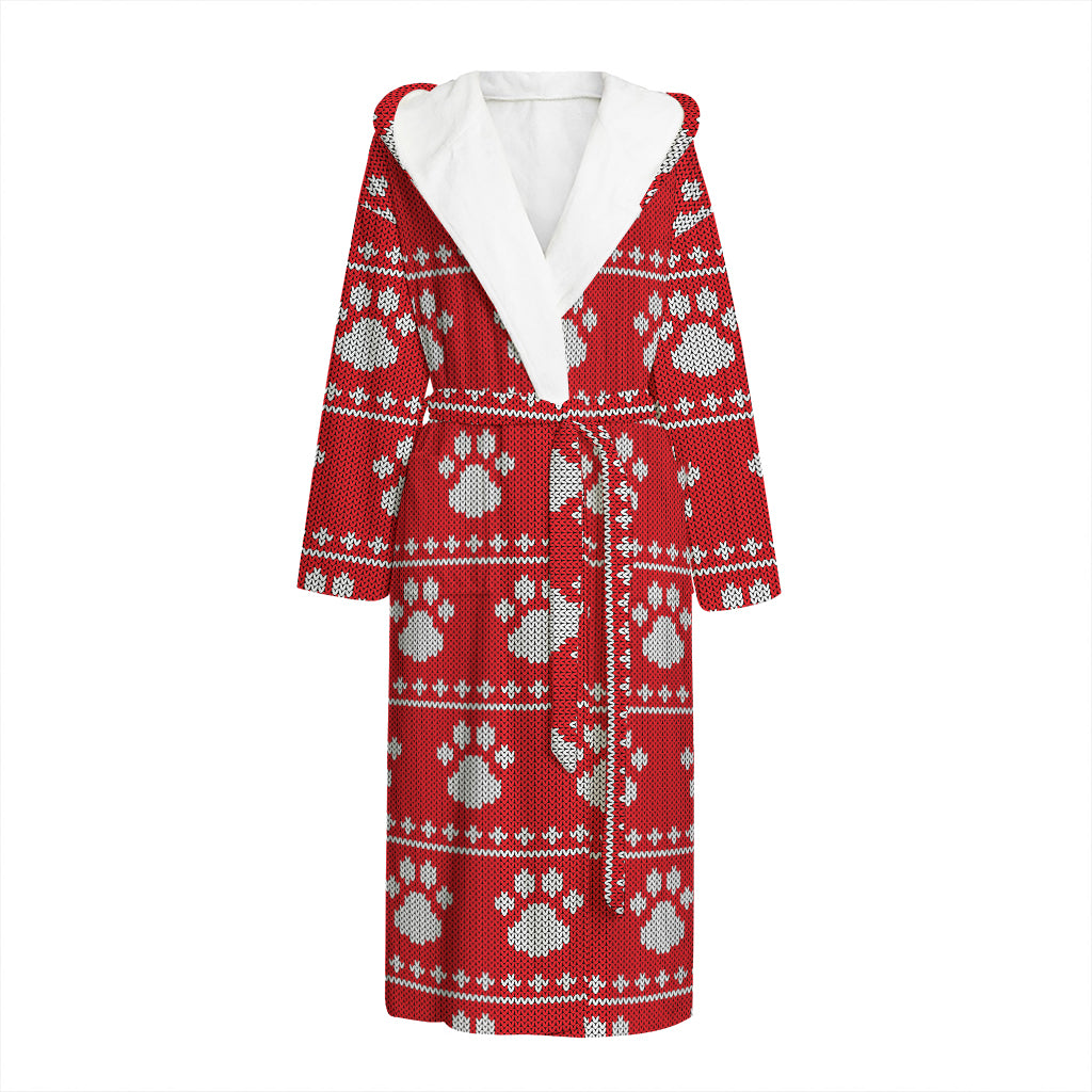 Christmas Paw Knitted Pattern Print Hooded Bathrobe