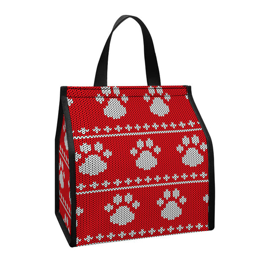 Christmas Paw Knitted Pattern Print Insulated Lunch Tote
