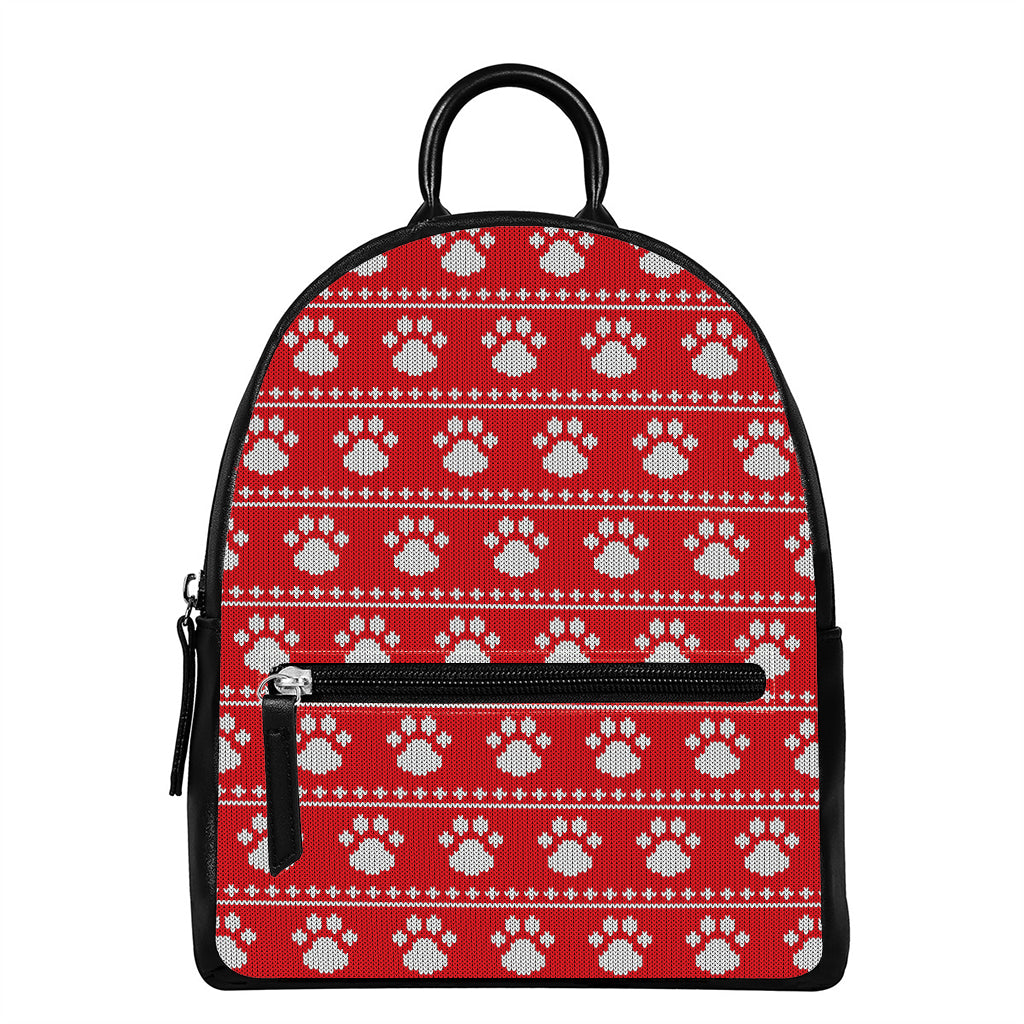 Christmas Paw Knitted Pattern Print Leather Backpack