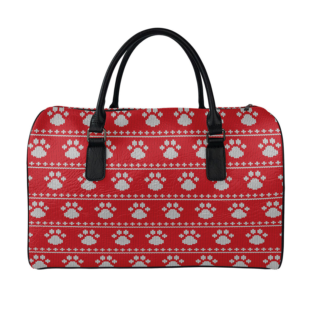 Christmas Paw Knitted Pattern Print Leather Duffle Bag