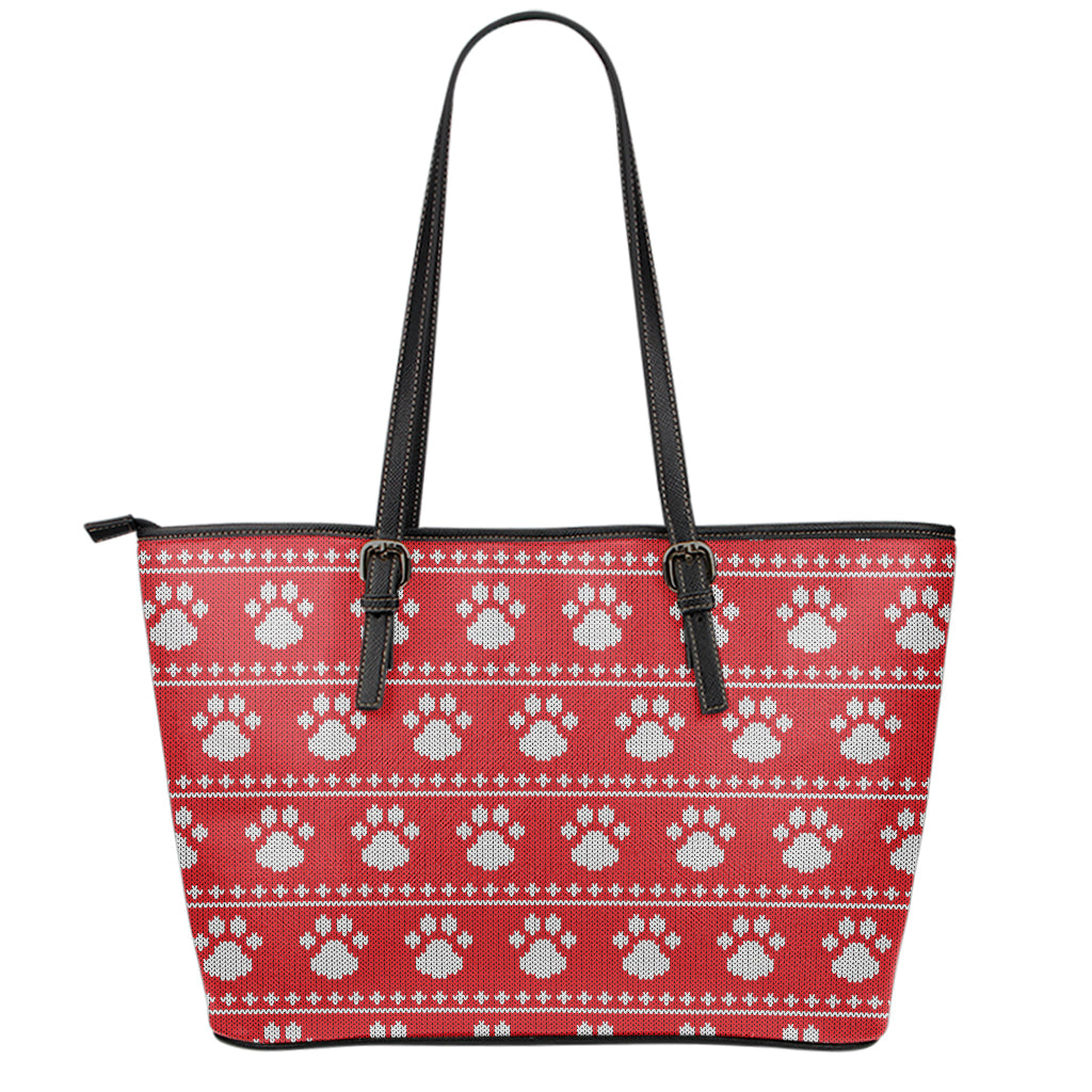 Christmas Paw Knitted Pattern Print Leather Tote Bag