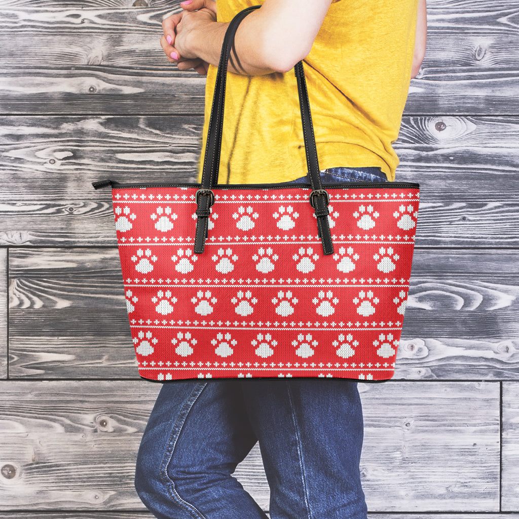 Christmas Paw Knitted Pattern Print Leather Tote Bag