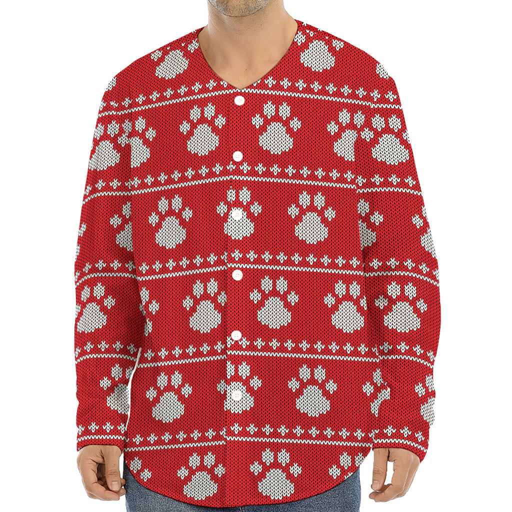 Christmas Paw Knitted Pattern Print Long Sleeve Baseball Jersey