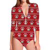 Christmas Paw Knitted Pattern Print Long Sleeve Swimsuit