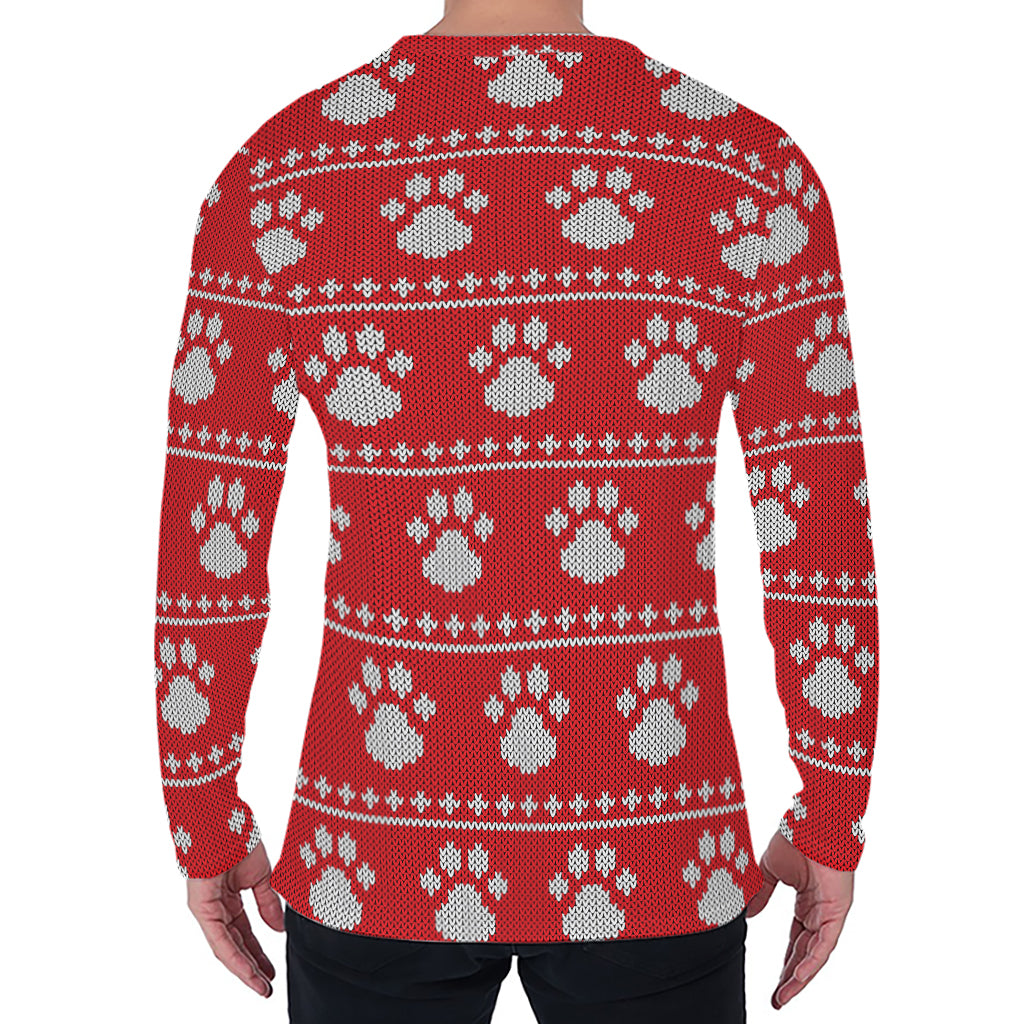 Christmas Paw Knitted Pattern Print Men's Long Sleeve T-Shirt