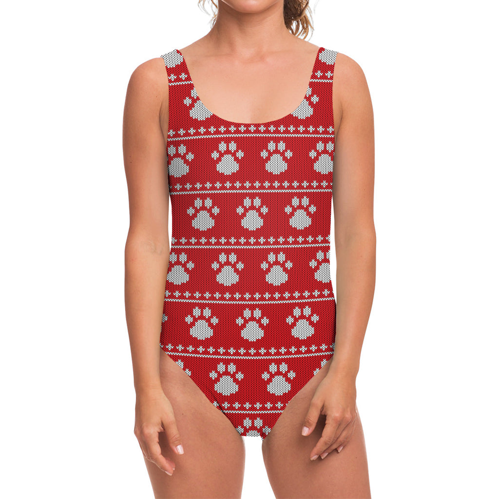 Christmas Paw Knitted Pattern Print One Piece Swimsuit