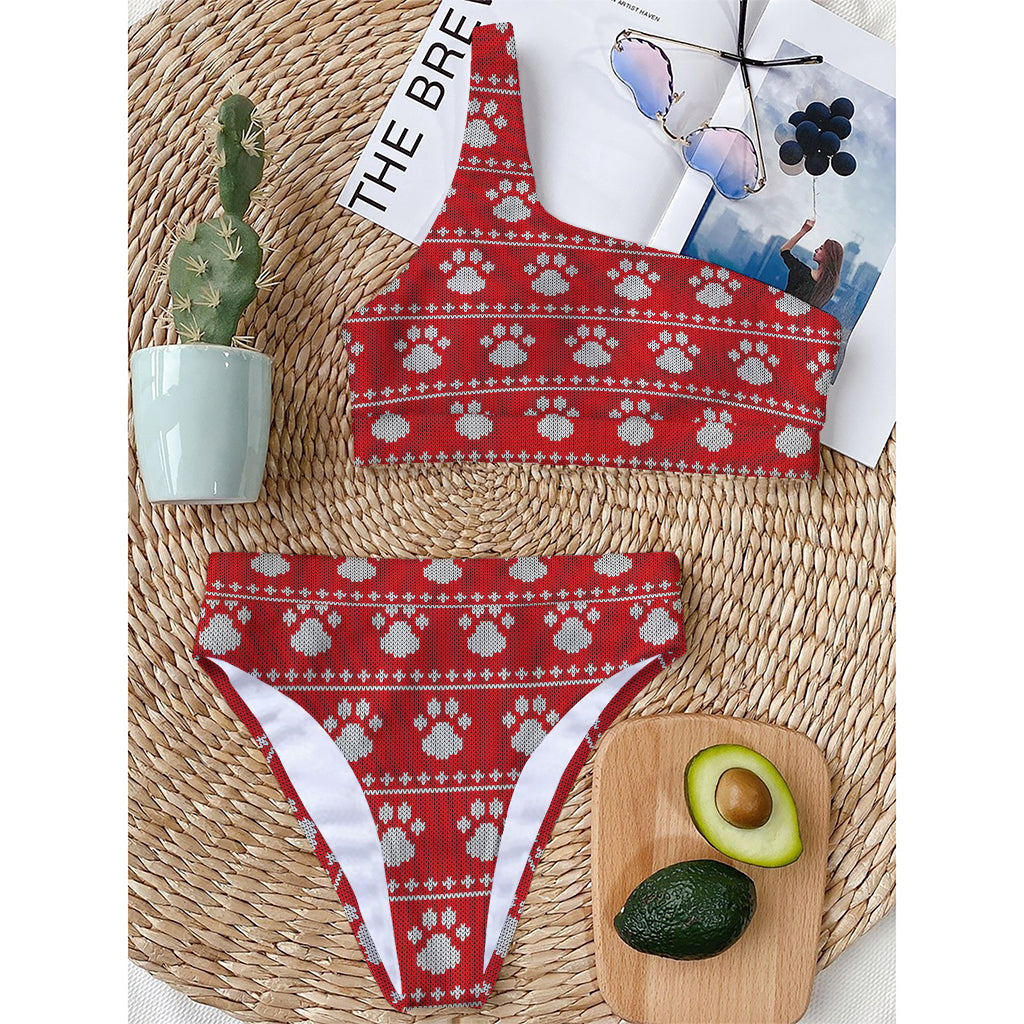 Christmas Paw Knitted Pattern Print One Shoulder Bikini Top