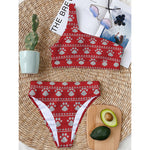 Christmas Paw Knitted Pattern Print One Shoulder Bikini Top