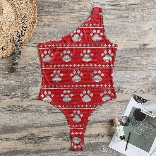 Christmas Paw Knitted Pattern Print One Shoulder Bodysuit