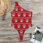 Christmas Paw Knitted Pattern Print One Shoulder Bodysuit