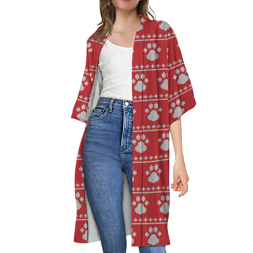 Christmas Paw Knitted Pattern Print Open Front Beach Cover Up