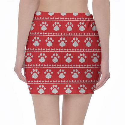 Christmas Paw Knitted Pattern Print Pencil Mini Skirt