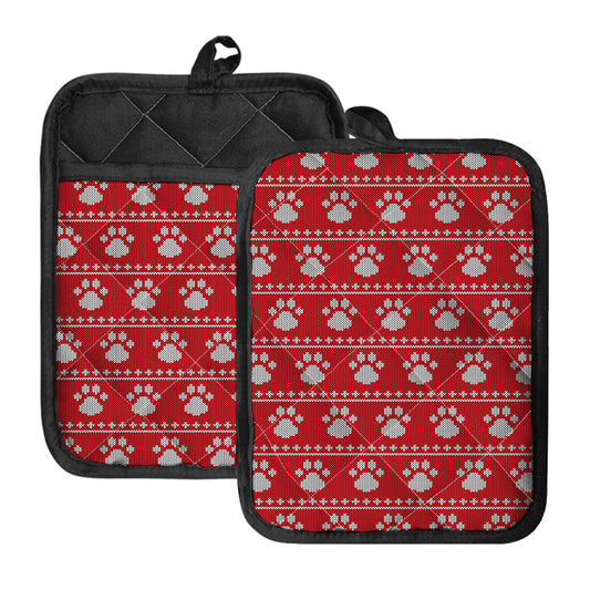 Christmas Paw Knitted Pattern Print Pot Holders With Pocket