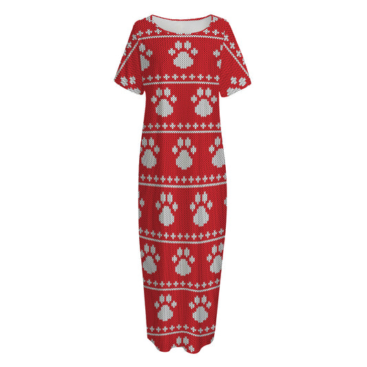 Christmas Paw Knitted Pattern Print Short Sleeve Long Nightdress