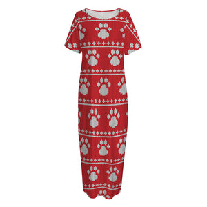 Christmas Paw Knitted Pattern Print Short Sleeve Long Nightdress