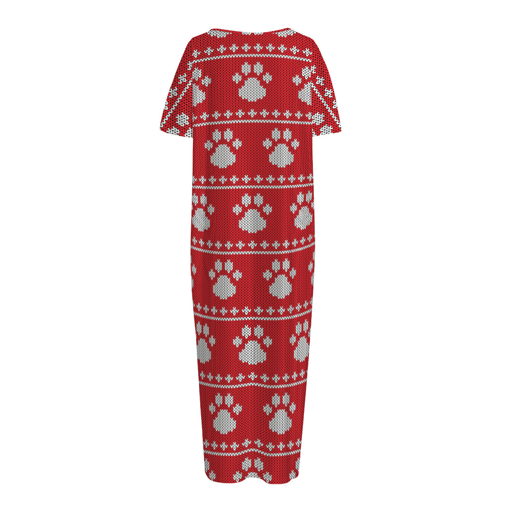 Christmas Paw Knitted Pattern Print Short Sleeve Long Nightdress