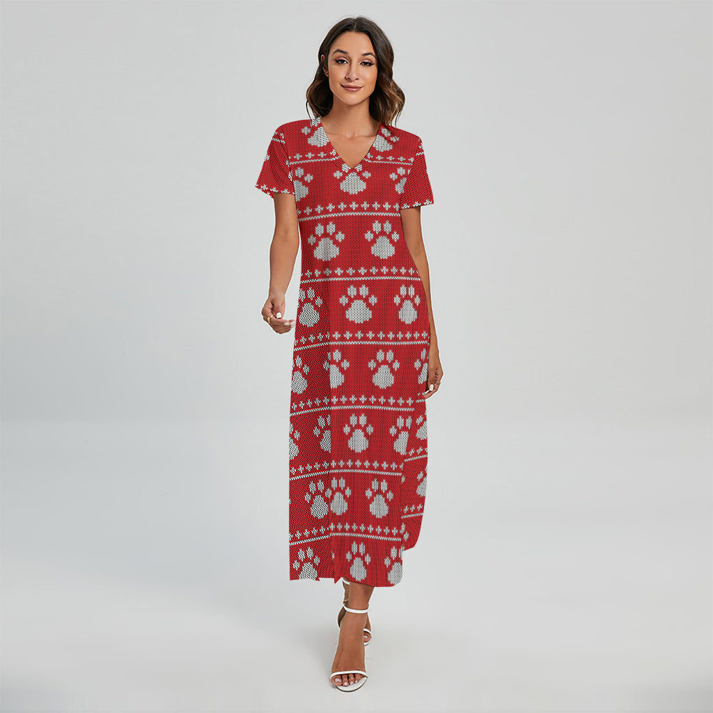 Christmas Paw Knitted Pattern Print Short Sleeve Maxi Dress