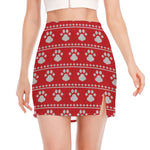 Christmas Paw Knitted Pattern Print Side Slit Mini Skirt