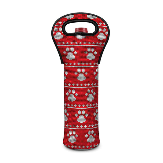 Christmas Paw Knitted Pattern Print Single Neoprene Wine Tote