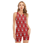 Christmas Paw Knitted Pattern Print Sleeveless One Piece Swimsuit