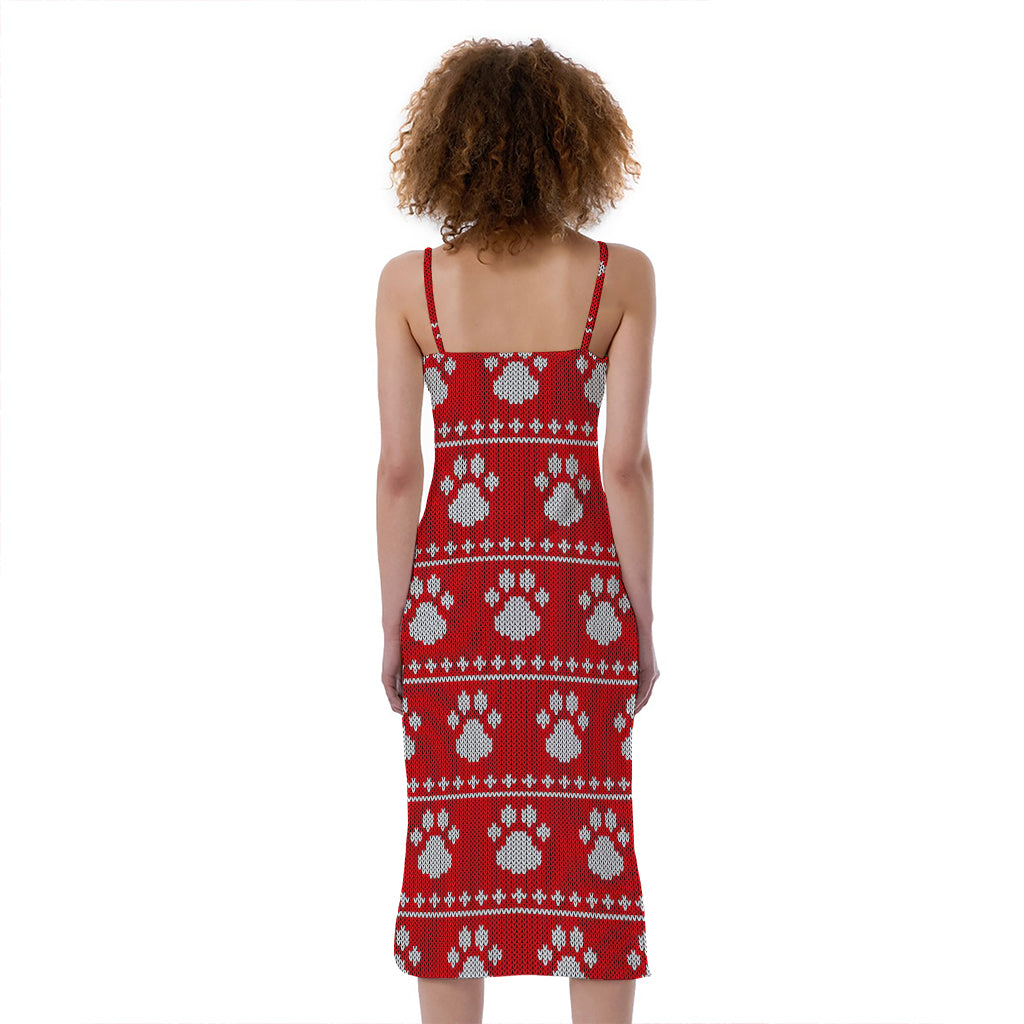 Christmas Paw Knitted Pattern Print Slim Fit Midi Cami Dress