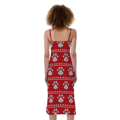 Christmas Paw Knitted Pattern Print Slim Fit Midi Cami Dress
