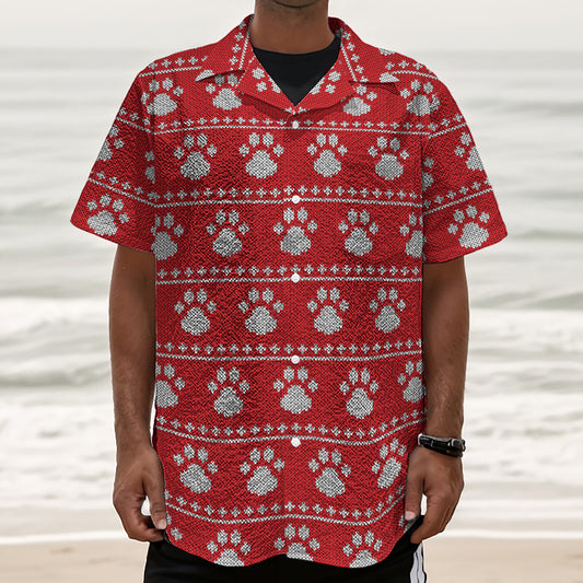 Christmas Paw Knitted Pattern Print Textured Short Sleeve Shirt