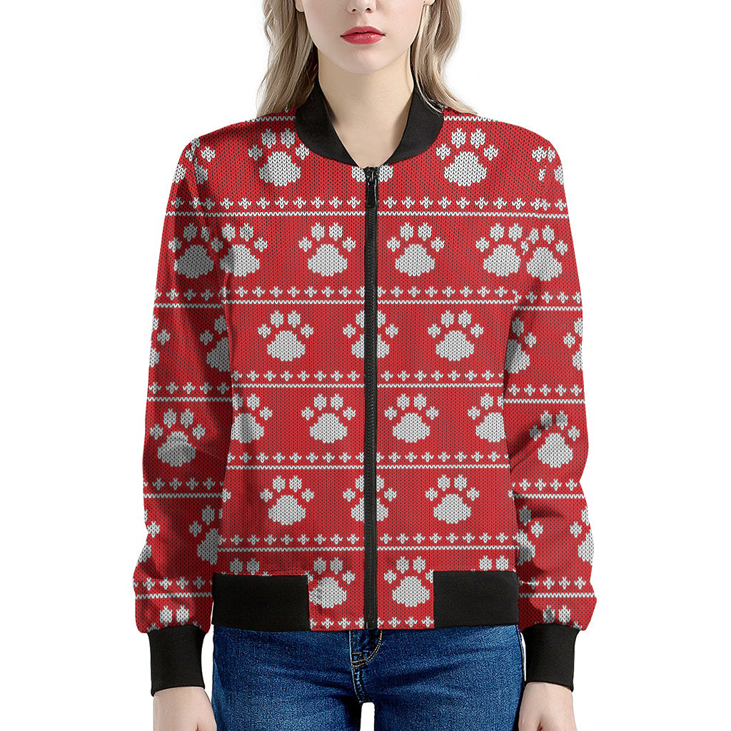 Christmas Paw Knitted Pattern Print Women's Bomber Jacket