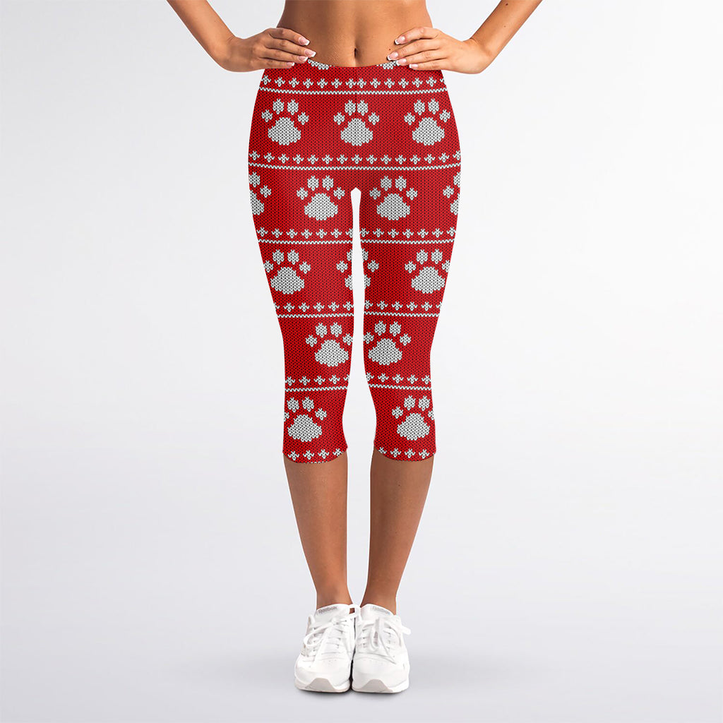 Christmas Paw Knitted Pattern Print Women's Capri Leggings