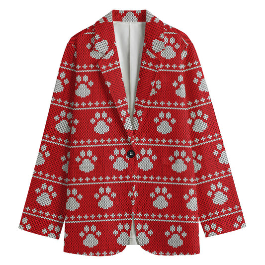 Christmas Paw Knitted Pattern Print Women's Cotton Blazer