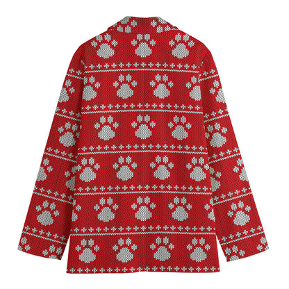 Christmas Paw Knitted Pattern Print Women's Cotton Blazer