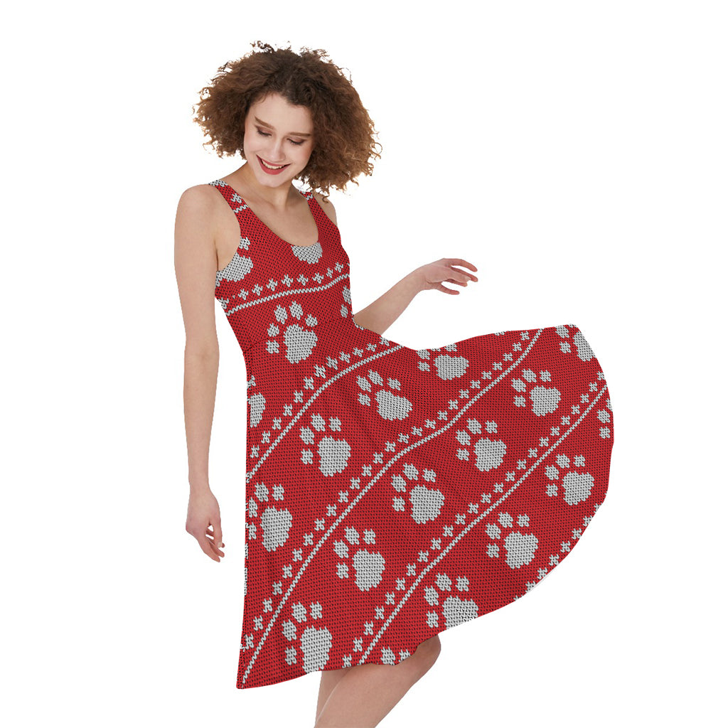 Christmas Paw Knitted Pattern Print Women's Sleeveless Dress